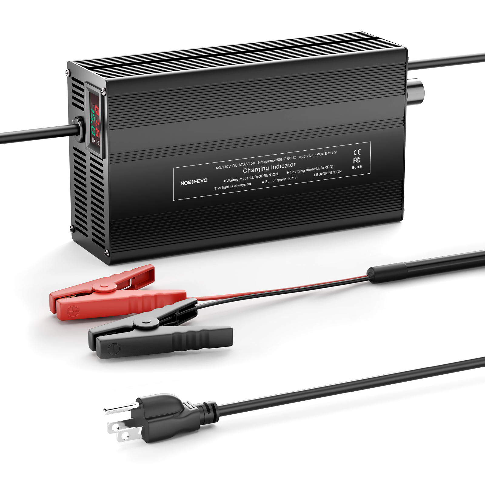 NOEIFEVO 87,6V 1A-15A Strøm Justerbar Lithium LiFePO4 batterilader for 76,8V batteri, automatisk avskjæring