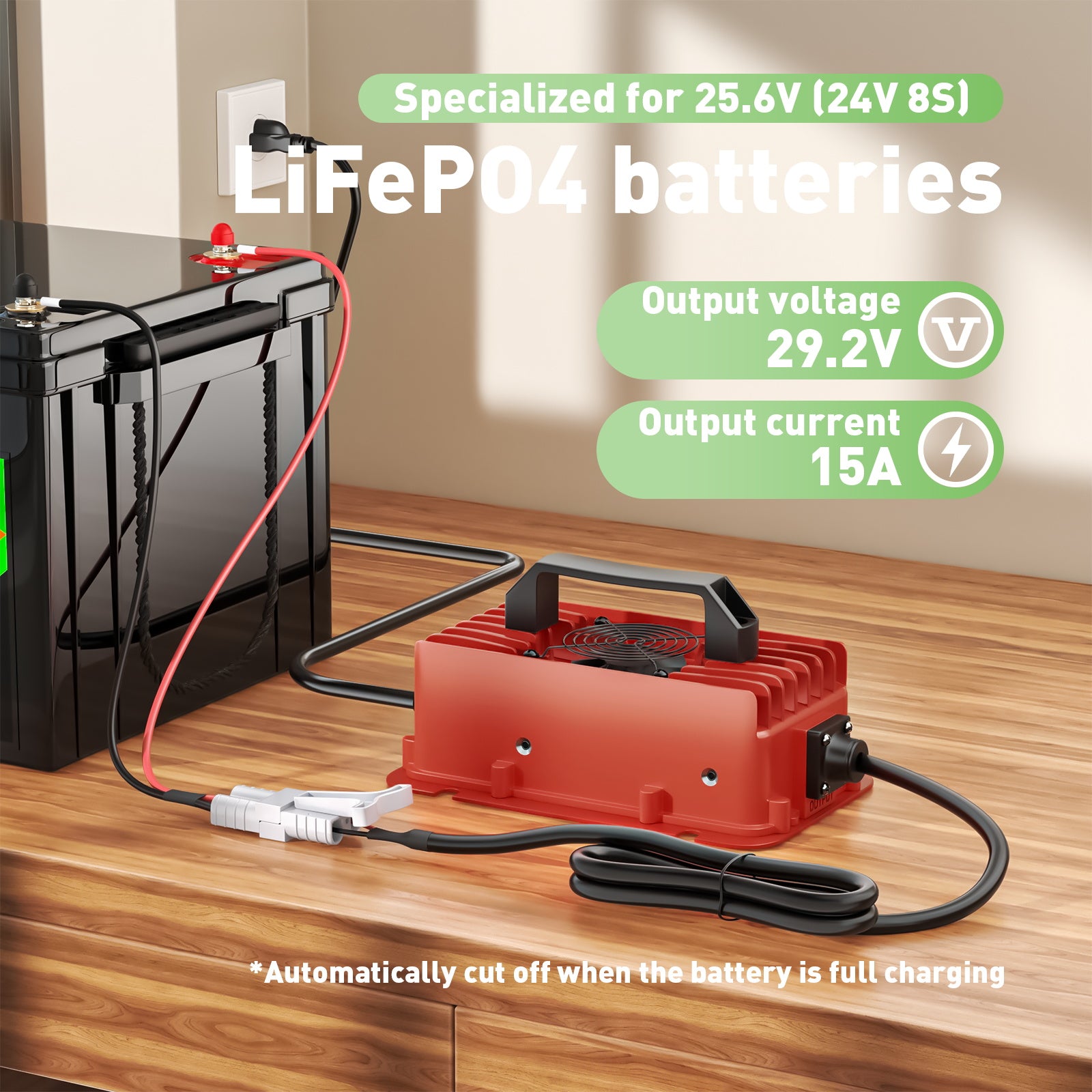 NOEIFEVO 24V 25,6V Lithium LiFePO4 batterilader, 29,2V 15A vanntett lader, automatisk avskjæring, 0V BMS Aktiver