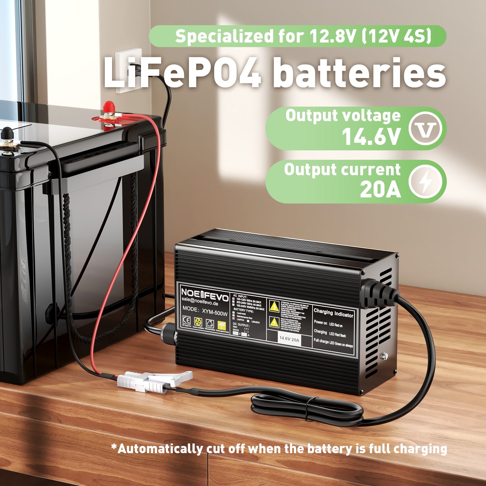 Noeifevo 12V 20A Lithium LiFePO4 Batterilader, Ladespenning 14,6V, Automatica Cut Off, 0V BMS Activate,AC-DC Smart Lader