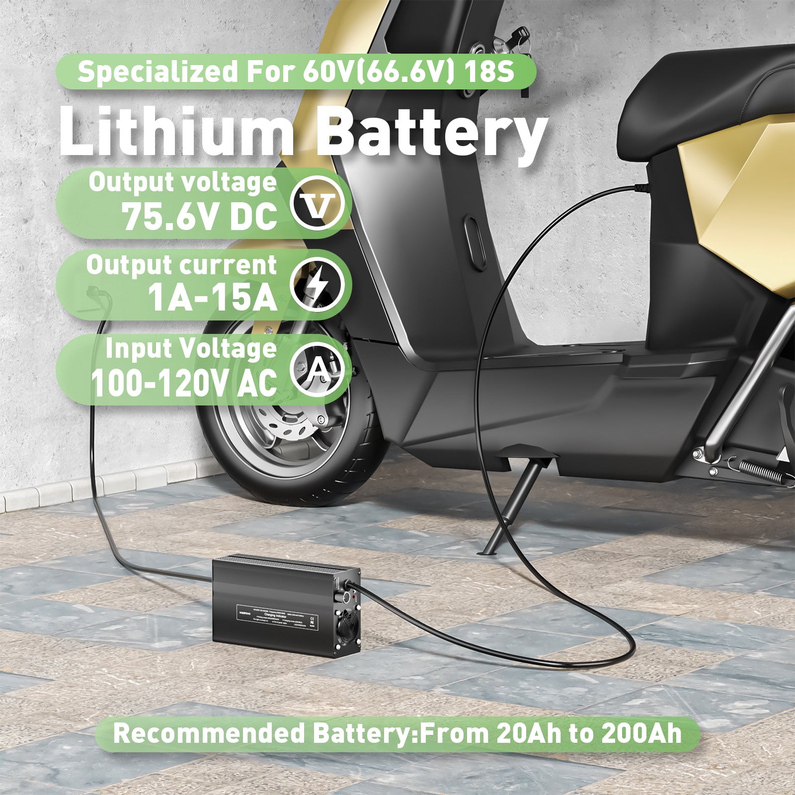 NOEIFEVO 75.6V 1A-15A Strøm Justerbar Batterilader for 66.6V 18S Lithium Li-ion Lipo Batteri, Ebike Scooter Elektrisk Motorsykkellader