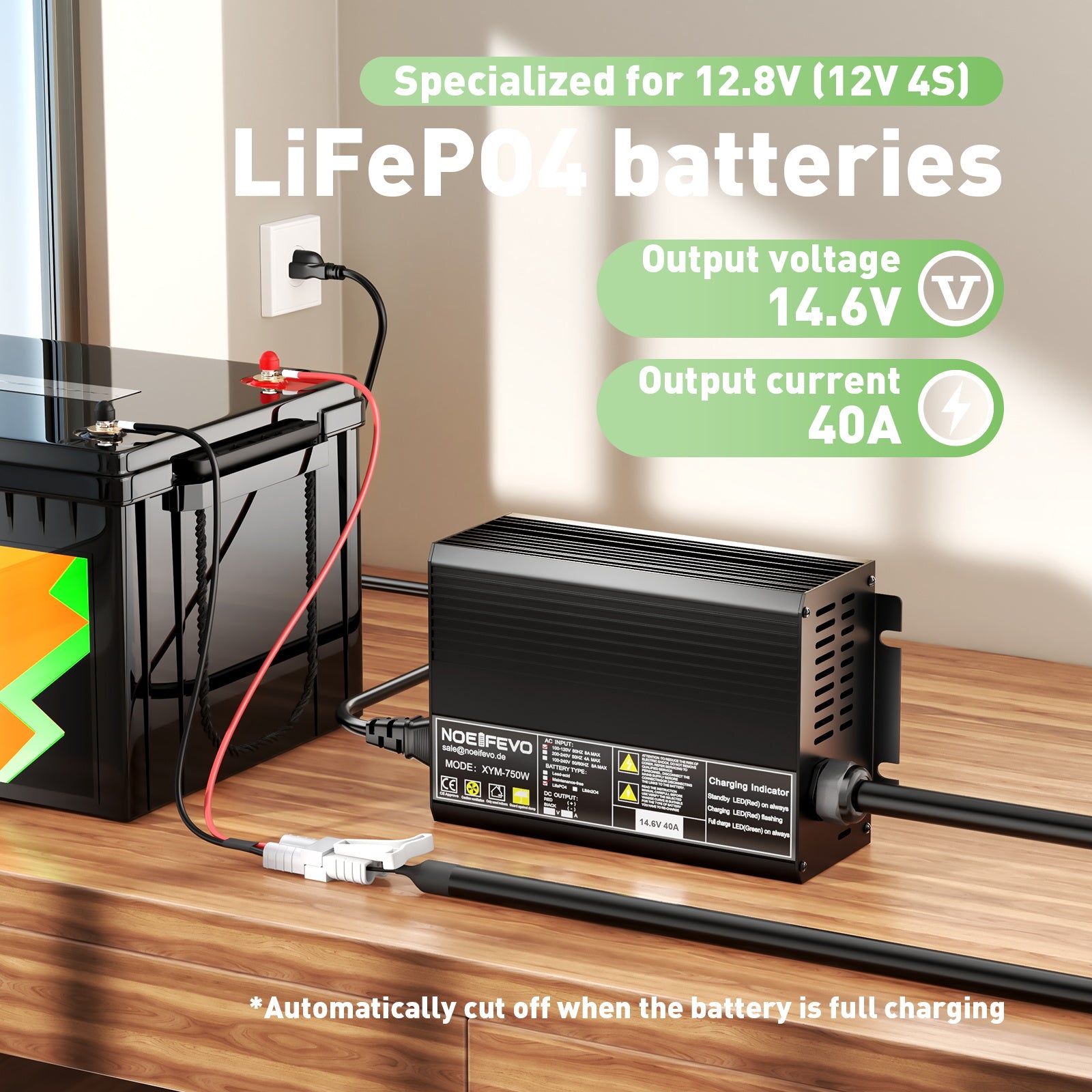 Noeifevo 12V 12,8V 40A Lithium LiFePO4 batterilader For 14,6V 200Ah batteri, automatisk avskjæring, 0V BMS Activate, AC-DC hurtiglader 