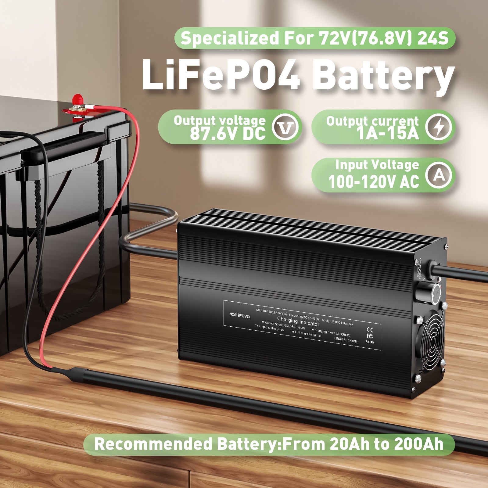 NOEIFEVO 87,6V 1A-15A Strøm Justerbar Lithium LiFePO4 batterilader for 76,8V batteri, automatisk avskjæring