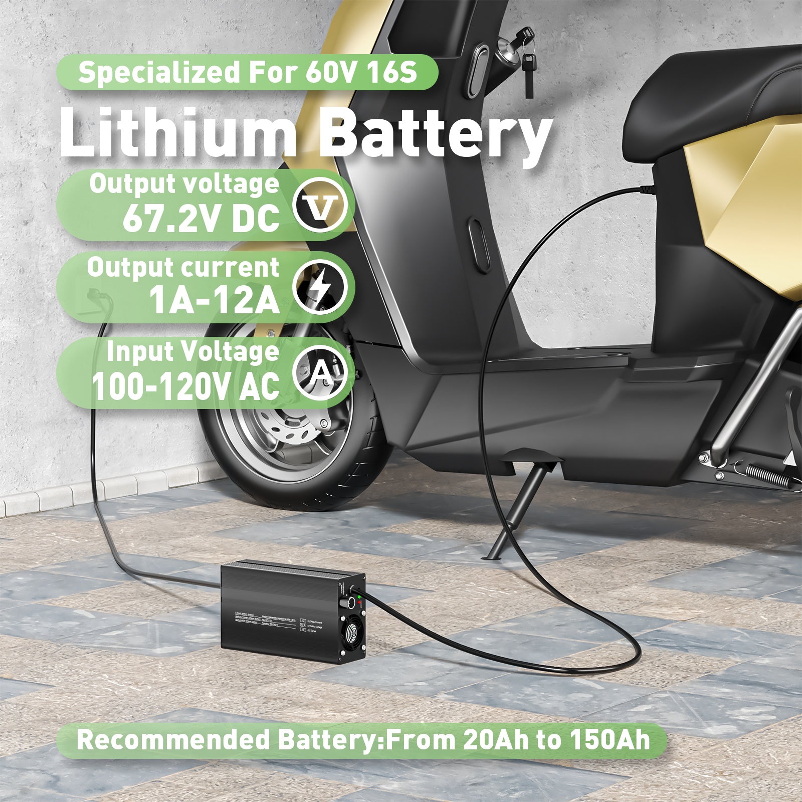 NOEIFEVO 60V 12A 16S Lithium Battery Charger, Output Voltage 67.2V, 1-12A Adjustable Current, LED Display,For Ebike,Scooter,Boat and Car