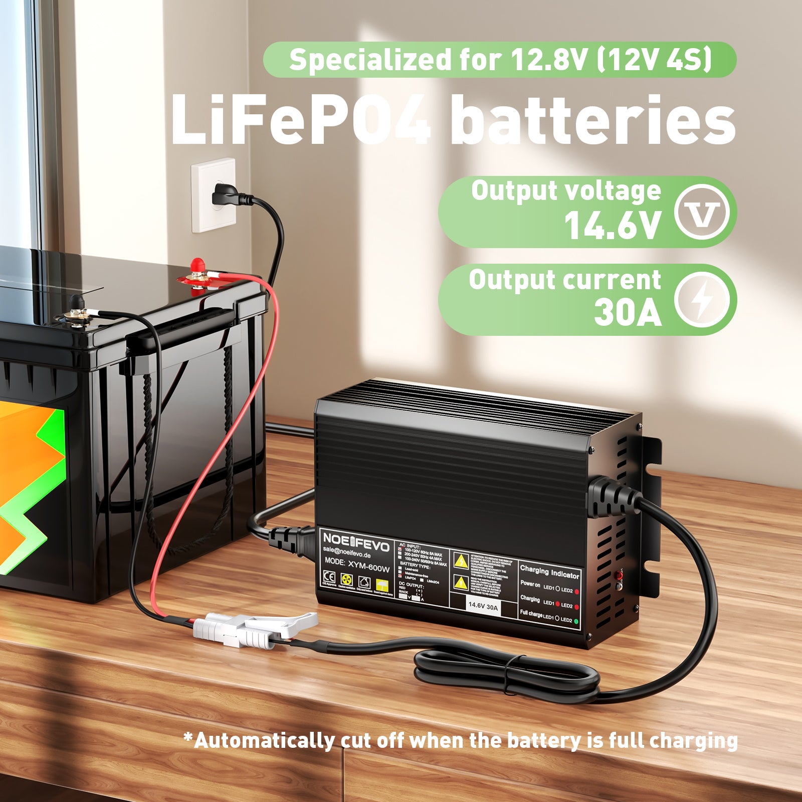 Noeifevo 12V 30A Lithium LiFePO4 batterilader, Ladespenning 14,6V, Automatisk Avskjæring, 0V BMS Acitvate,AC-DC Smarter Lader