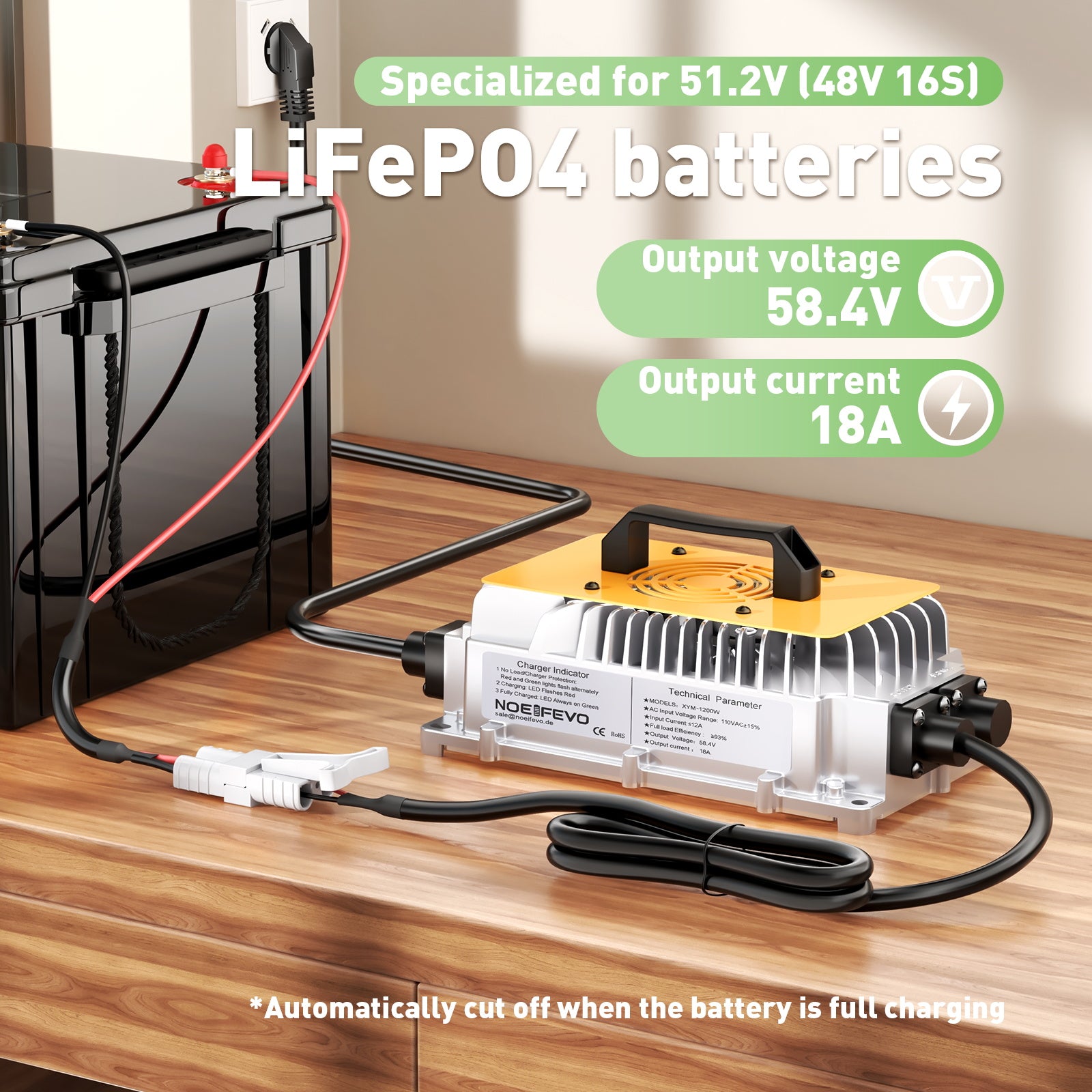 NOEIFEVO 48V golfbil litiumbatterilader, 58,4V 18A LiFePO4-lader for 48V 51,2V LFP-batteri