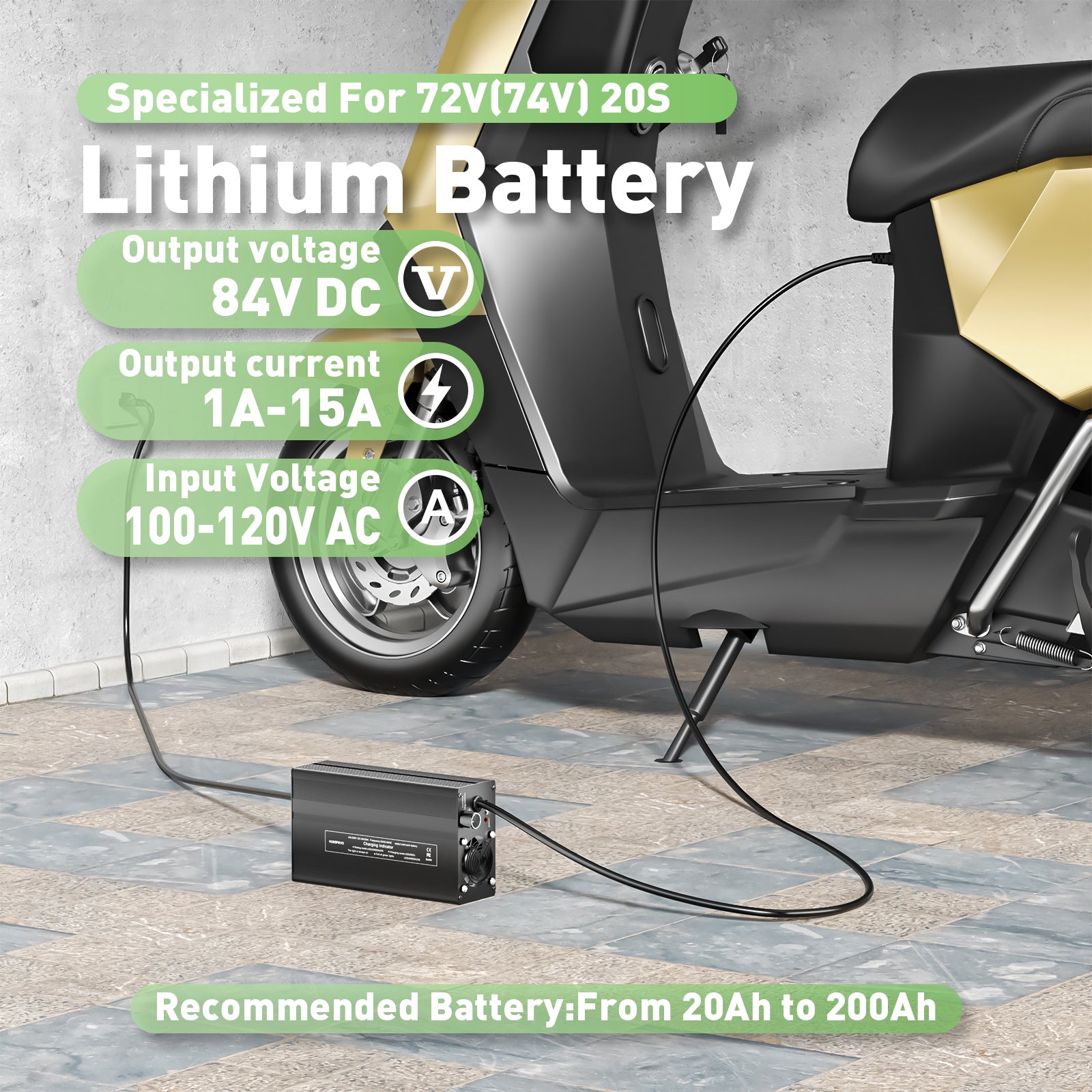 NOEIFEVO 84V 1A-15A Strøm Justerbar Batterilader for 74V 20S Lithium Li-ion Lipo Batteri, Ebike Scooter Elektrisk Motorsykkellader