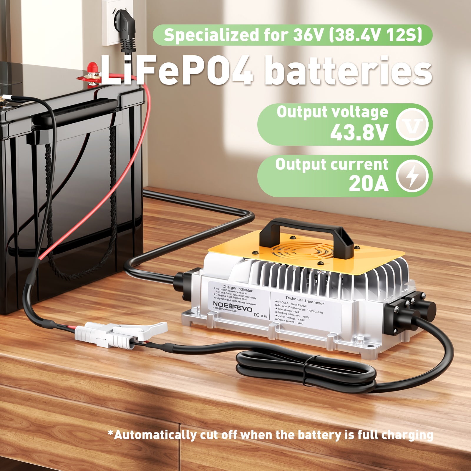 NOEIFEVO 43,8V 20A litiumbatterilader For 36V 38,4V LiFePO4-batteri, golfbilbatteri