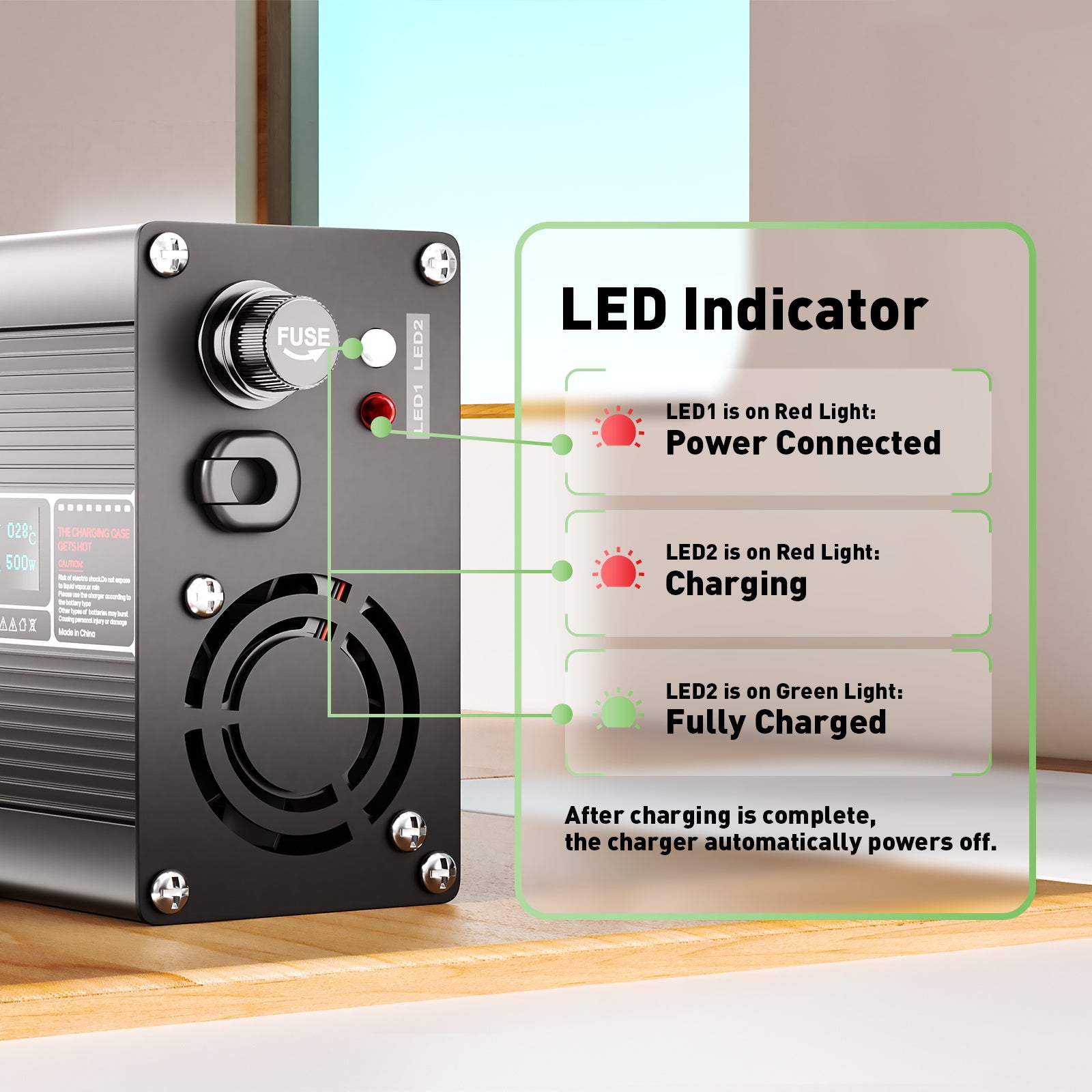 NOEIFEVO 48V 15S 8Amp Lithium LiFePO4 batterilader, ladespenning 54,75V, med vifte, aluminiumshus, LCD-skjerm