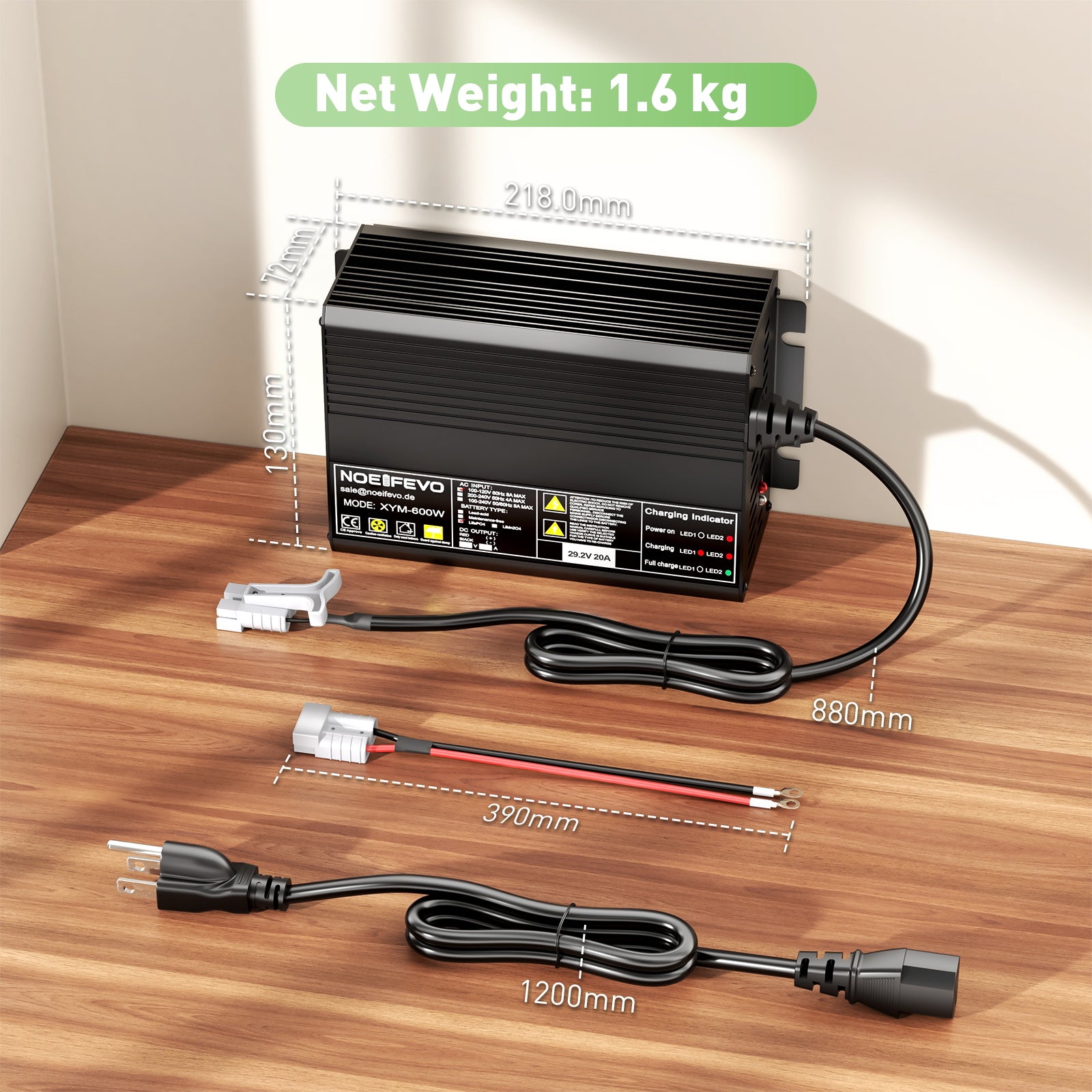 NOEIFEVO 24V 25,6V 20AMP ​​Lithium LiFePO4 batterilader , Ladespenning 29,2V , Automatisk avskjæring, 0V BMS Aktiver