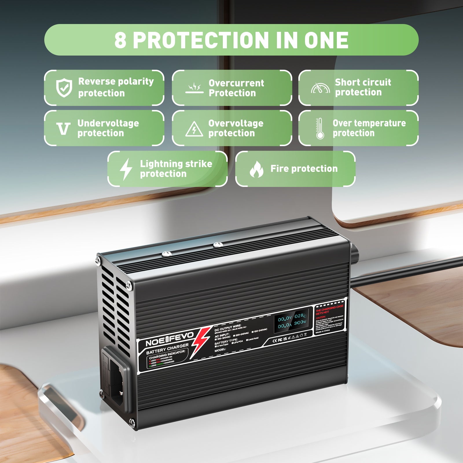 NOEIFEVO 72V 76,8V 3A Lithium LiFePO4 batterilader, ladespenning 87,6V, med vifte, aluminiumshus, LCD-skjerm