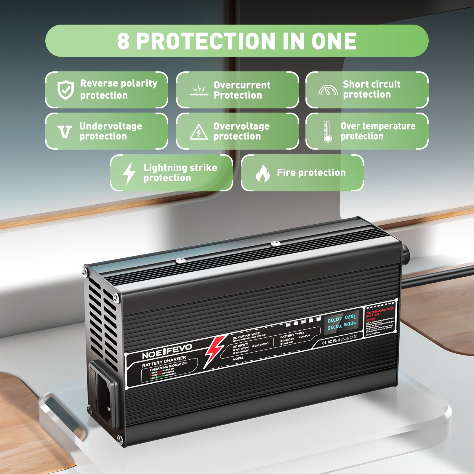 NOEIFEVO 64V(60V) 6Amp Lithium LiFePO4 batterilader, ladespenning 73V, med vifte, aluminiumshus, LCD-skjerm