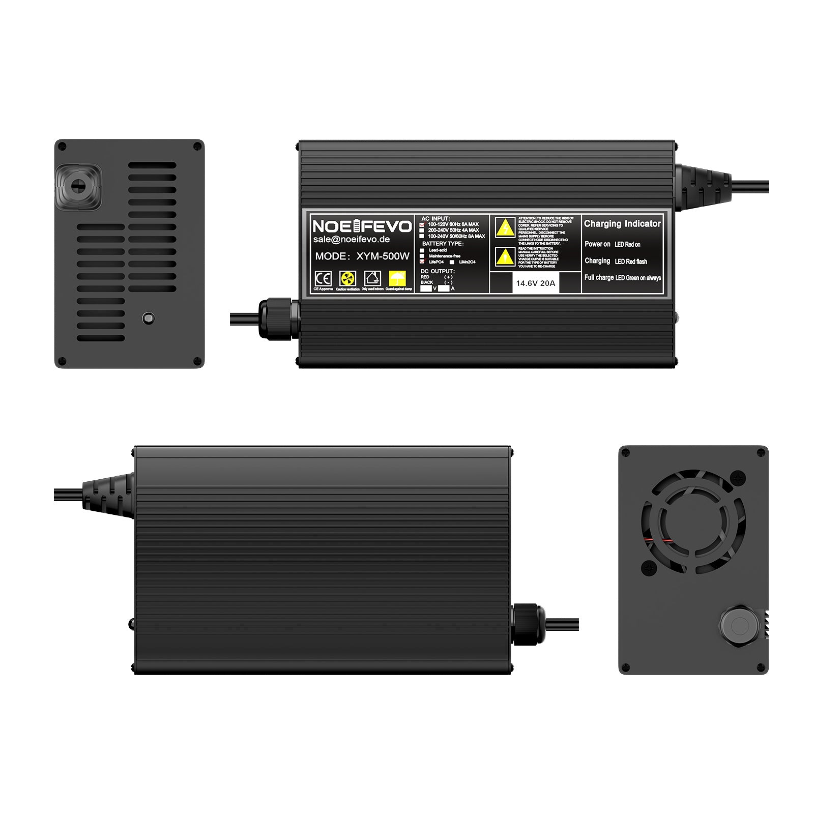 Noeifevo 12V 20A Lithium LiFePO4 Batterilader, Ladespenning 14,6V, Automatica Cut Off, 0V BMS Activate,AC-DC Smart Lader