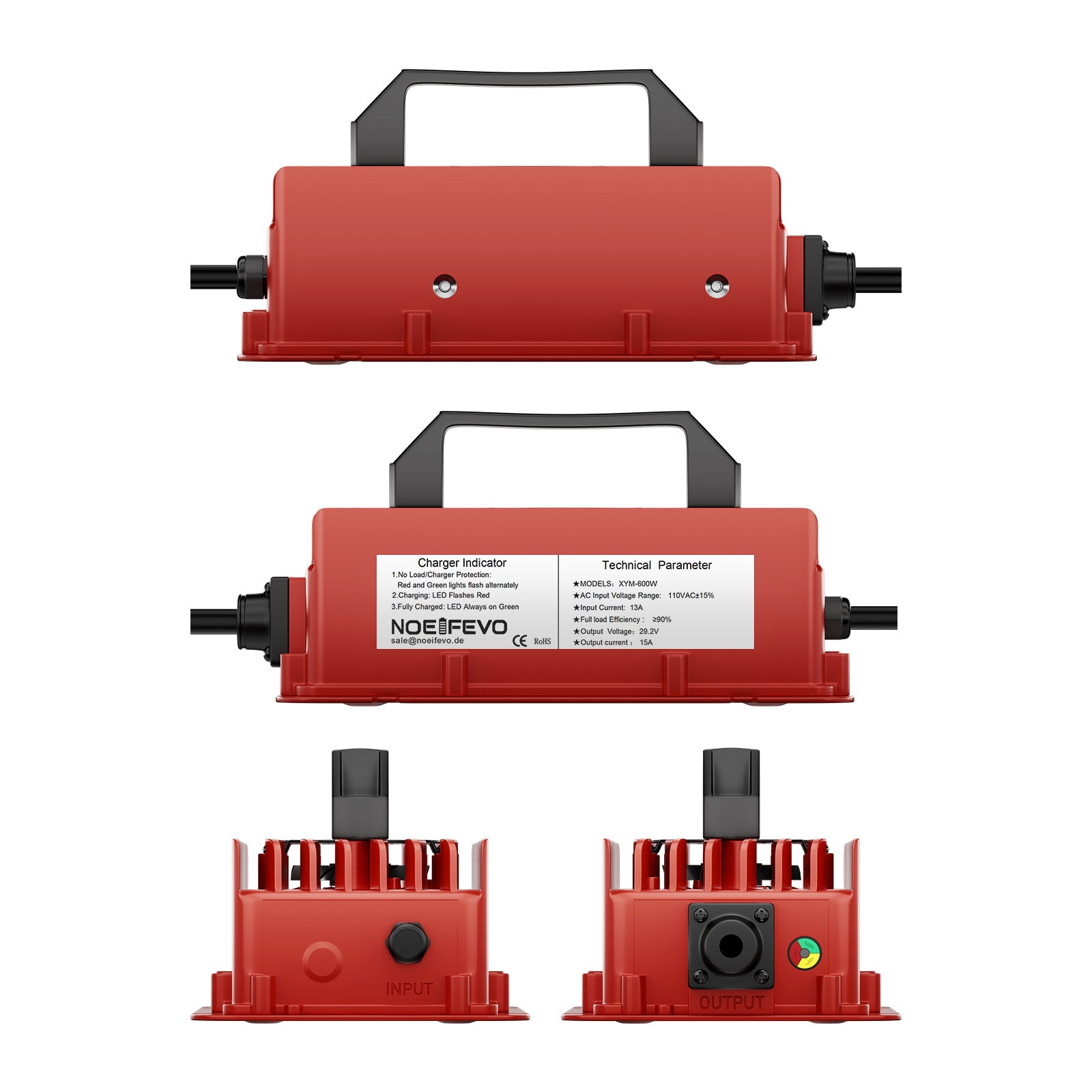 NOEIFEVO 24V 25.6V Lithium LiFePO4 battery charger, 29.2V 15A Waterproof charger, Automatic Cut Off, 0V BMS Activate