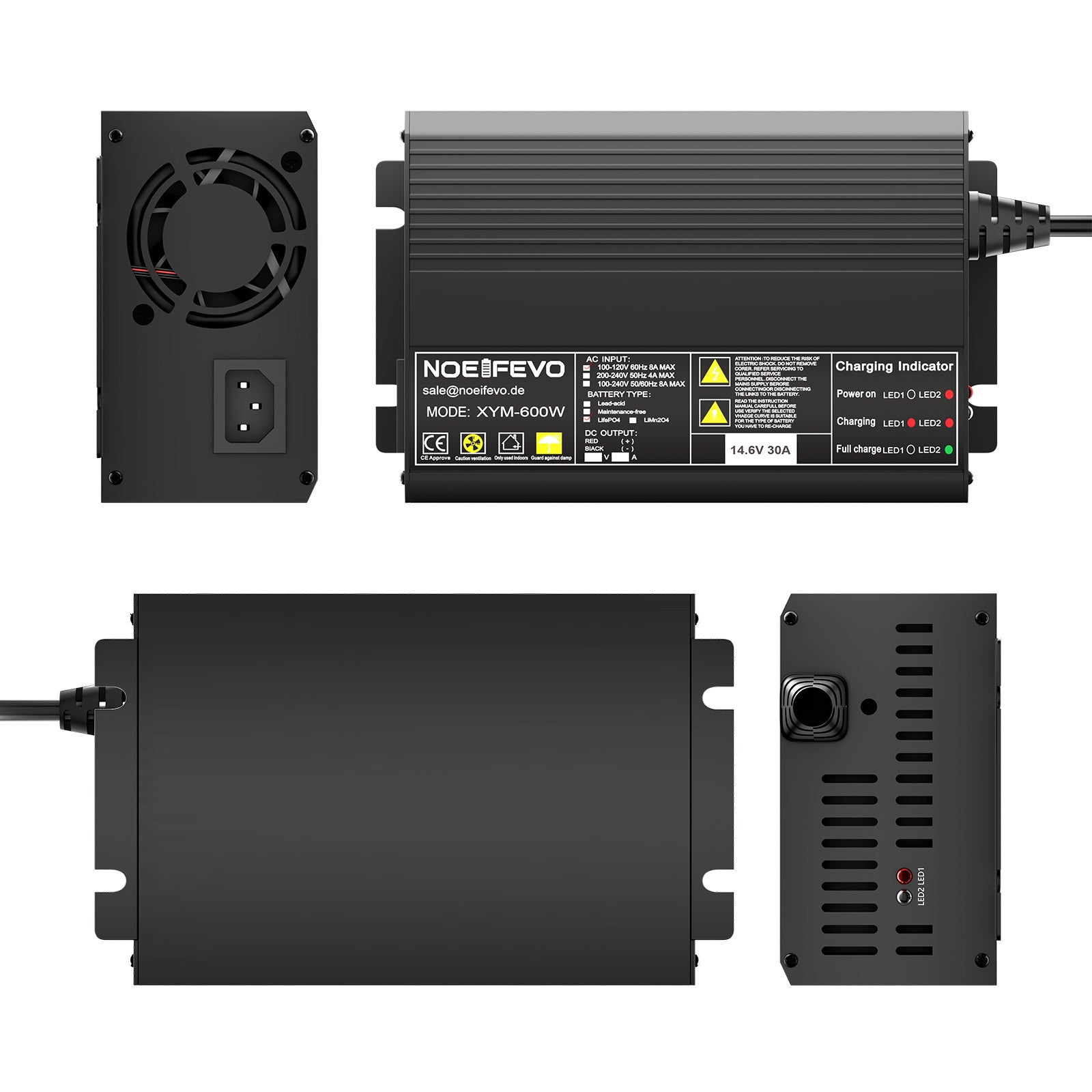 Noeifevo 12V 30A Lithium LiFePO4 batterilader, Ladespenning 14,6V, Automatisk Avskjæring, 0V BMS Acitvate,AC-DC Smarter Lader