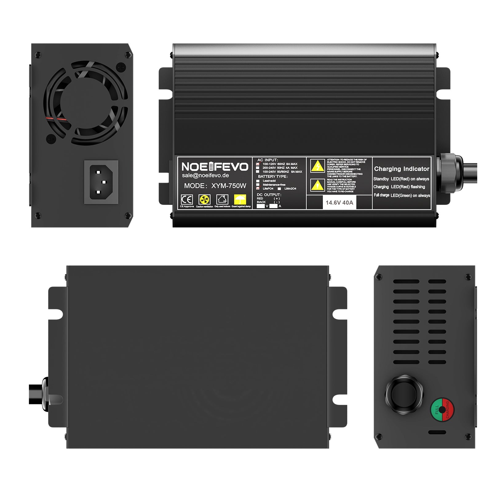 Noeifevo 12V 12,8V 40A Lithium LiFePO4 batterilader For 14,6V 200Ah batteri, automatisk avskjæring, 0V BMS Activate, AC-DC hurtiglader 