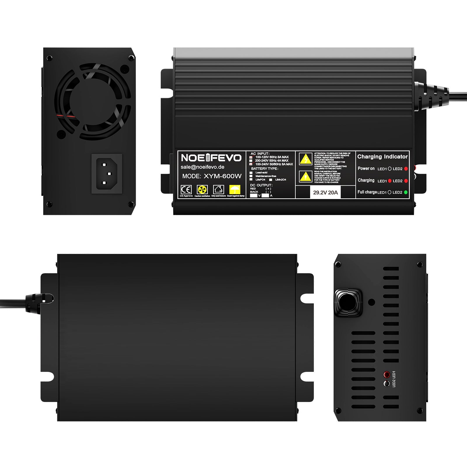 NOEIFEVO 24V 25,6V 20AMP ​​Lithium LiFePO4 batterilader , Ladespenning 29,2V , Automatisk avskjæring, 0V BMS Aktiver