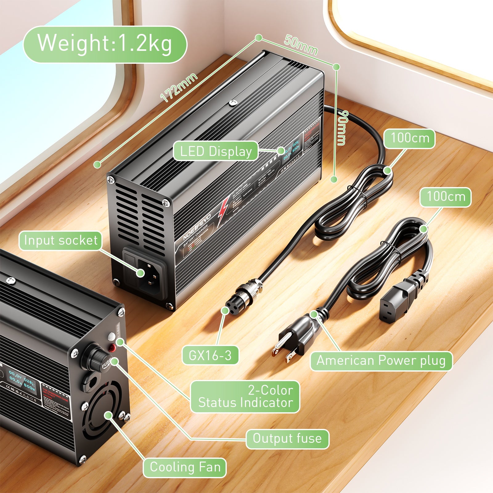 NOEIFEVO 36V 38,4V 10Amp Lithium LiFePO4 batterilader, ladespenning 43,8V, med vifte, aluminiumshus, LCD-skjerm