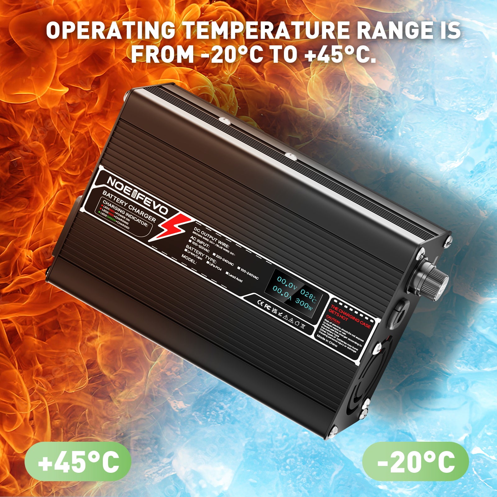 NOEIFEVO 12V 15A Lithium LiFePO4 batterilader, ladespenning 14,6V, med vifte, aluminiumshus, LCD-skjerm