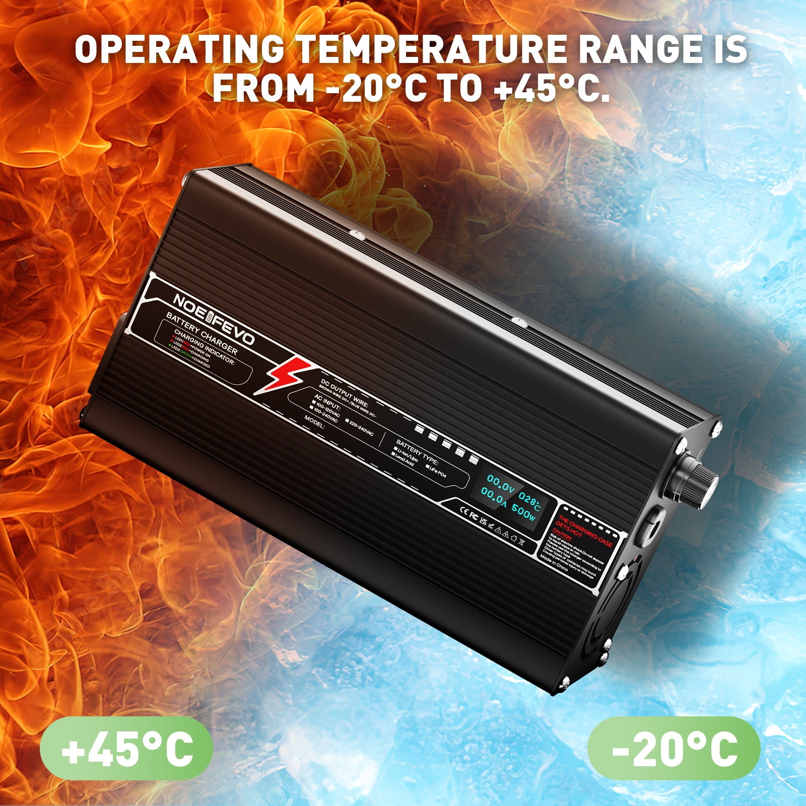 NOEIFEVO 64V(60V) 6Amp Lithium LiFePO4 batterilader, ladespenning 73V, med vifte, aluminiumshus, LCD-skjerm