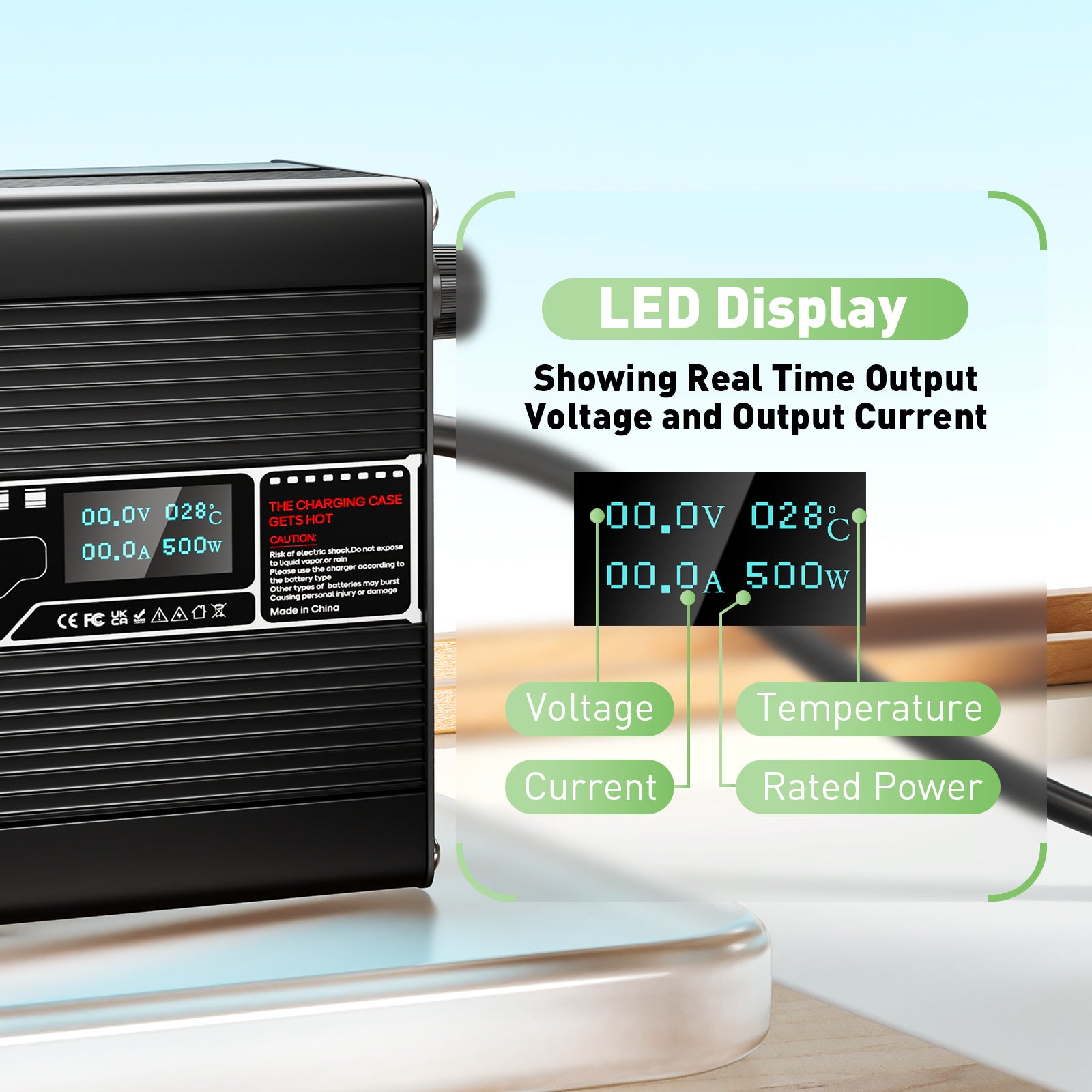 NOEIFEVO 32V 10A Lithium LiFePO4 Battery Charger, Charging Voltage 36.5V, with fan, aluminum housing, LCD screen