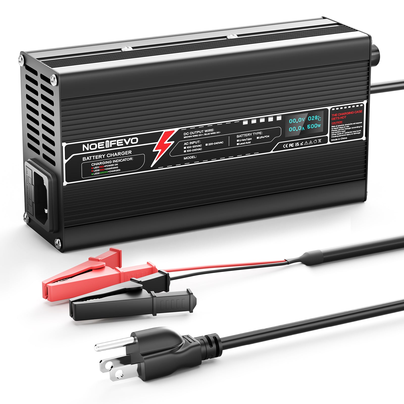 NOEIFEVO 42V 10A litiumbatterilader for 37V 10S Li-ion Lipo-batteri, automatisk avskjæring, aluminiumshus, LCD-skjerm