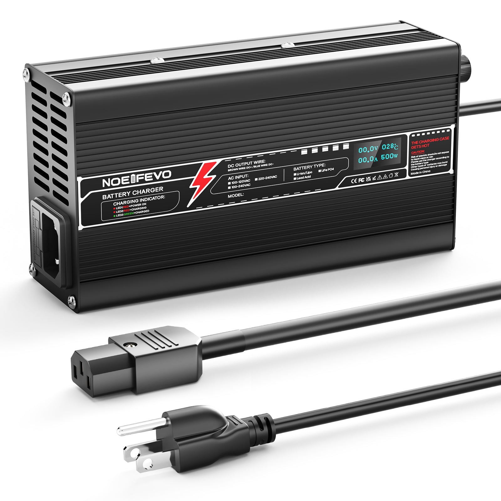 NOEIFEVO 37,8V 10A litiumbatterilader for 33,3V 9S Li-ion Lipo-batteri, automatisk avskjæring, aluminiumshus, LCD-skjerm