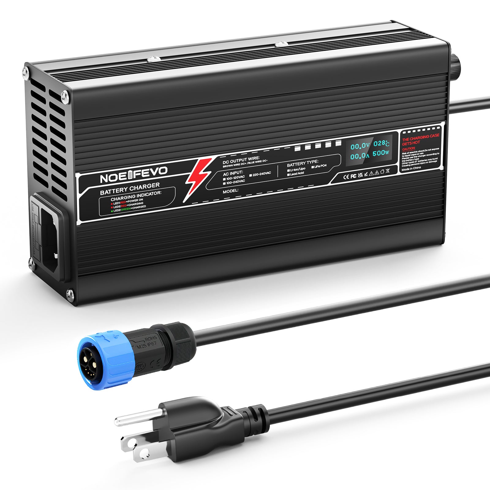 NOEIFEVO 50,4V 8A litiumbatterilader for 44,4V 12S Li-ion Lipo-batteri, automatisk avskjæring, aluminiumshus, LCD-skjerm