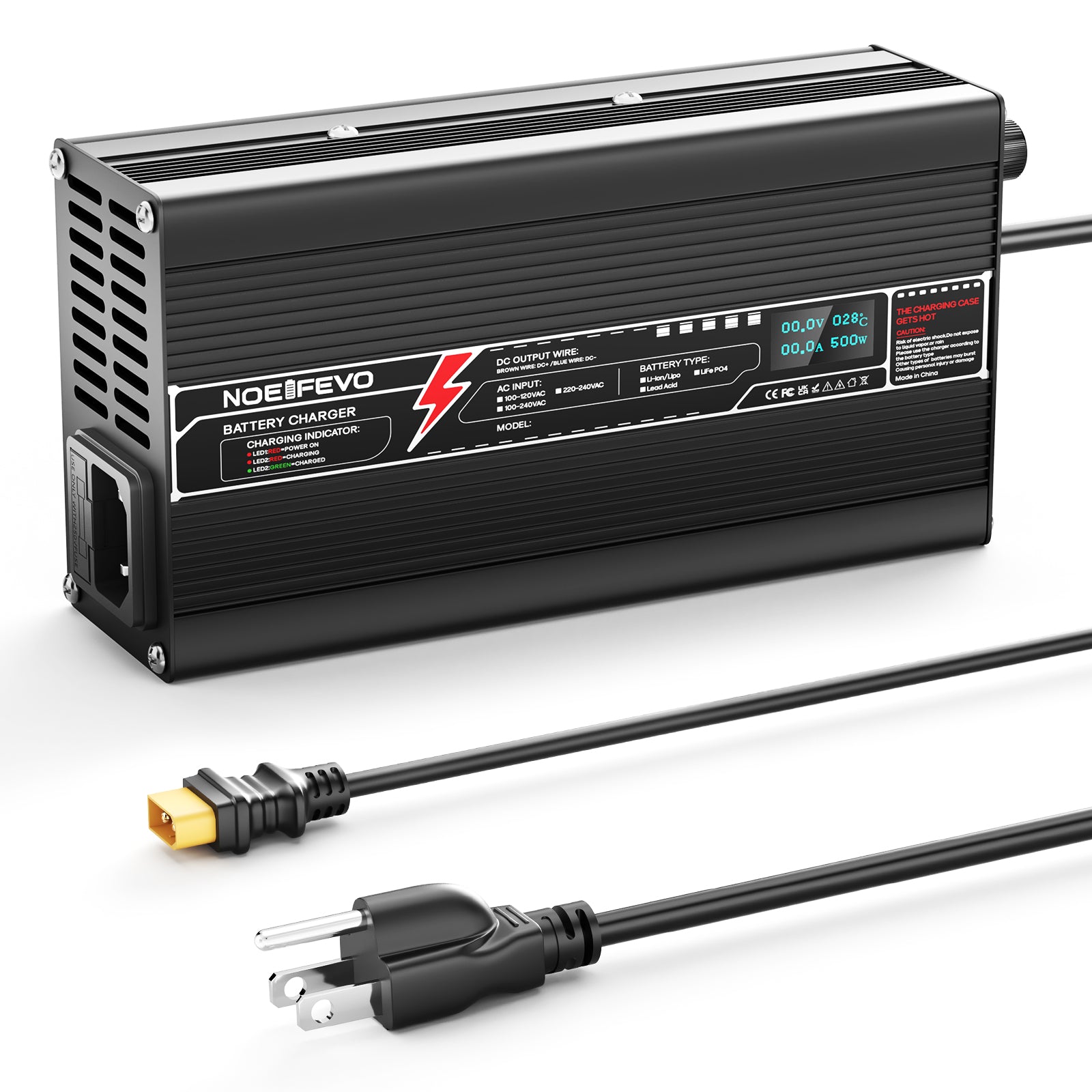 NOEIFEVO 42V 10A litiumbatterilader for 37V 10S Li-ion Lipo-batteri, automatisk avskjæring, aluminiumshus, LCD-skjerm