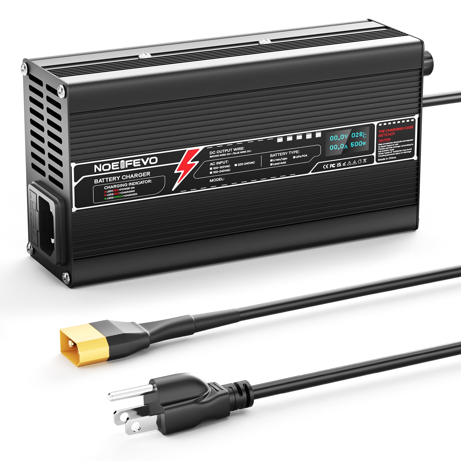 NOEIFEVO 42V 10A litiumbatterilader for 37V 10S Li-ion Lipo-batteri, automatisk avskjæring, aluminiumshus, LCD-skjerm