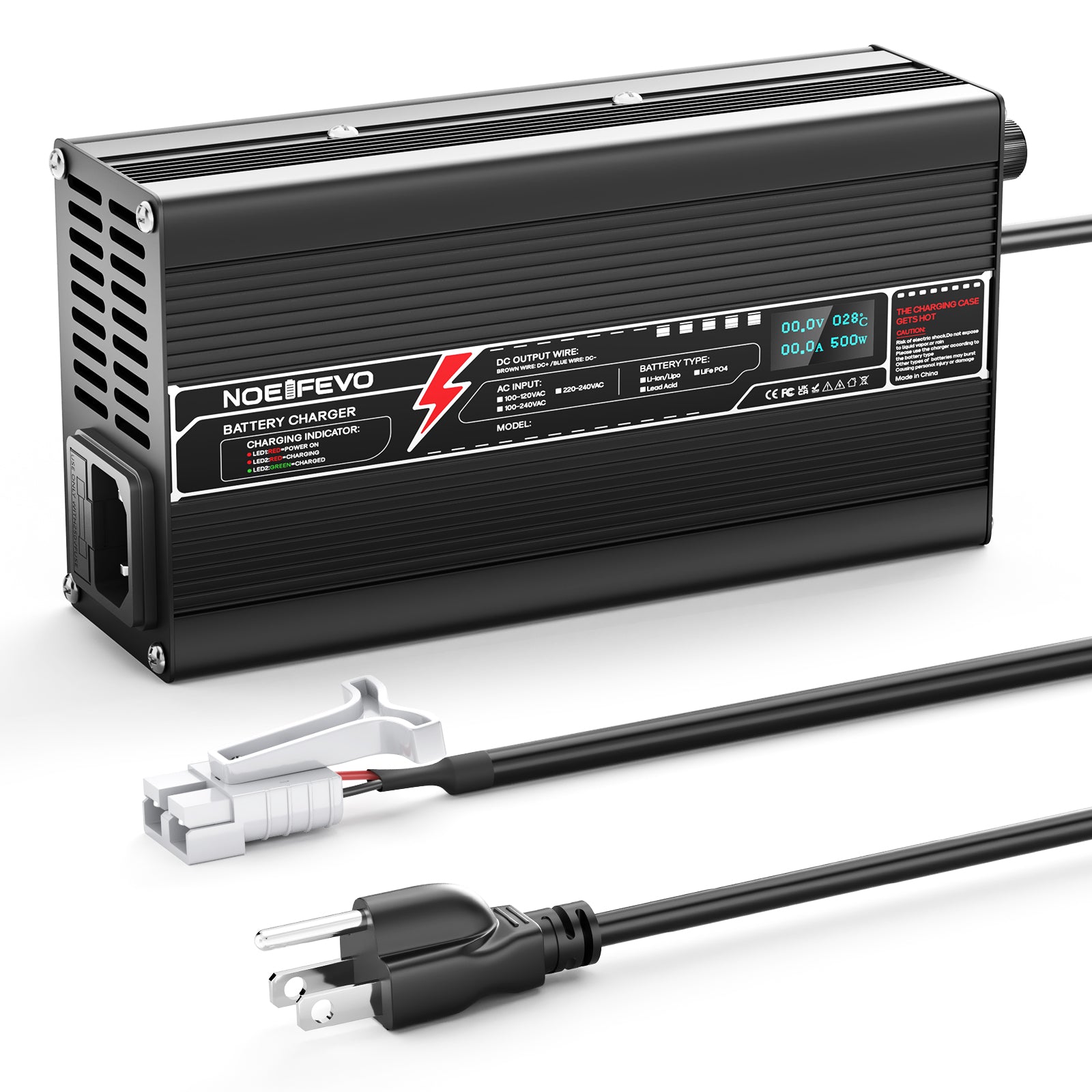 NOEIFEVO 37,8V 10A litiumbatterilader for 33,3V 9S Li-ion Lipo-batteri, automatisk avskjæring, aluminiumshus, LCD-skjerm