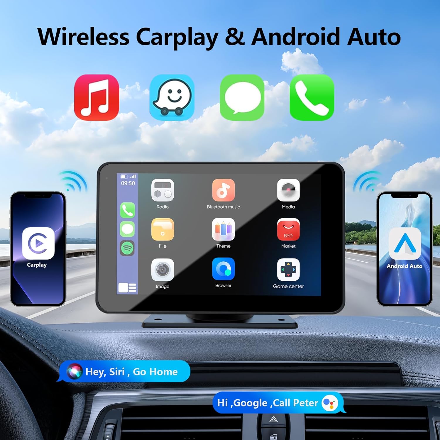 Wireless Carplay Screen for Car & Android Auto, 7" HD Portable Car Stereo Touch Screen with Wireless Android Auto, Backup Camera, Car Audio Receivers with Voice Control, Mirror Link, Bluetooth, GPS Navigation