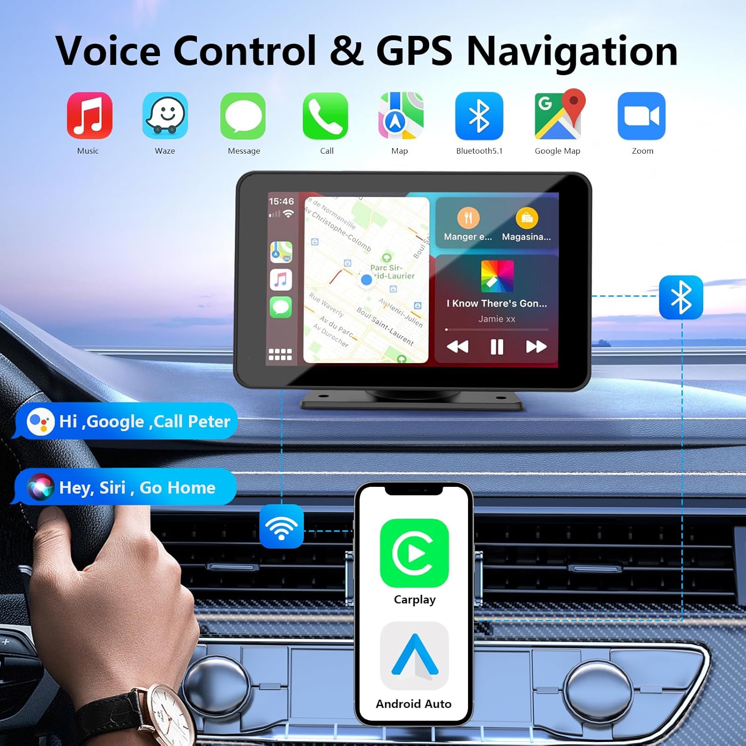 Wireless Carplay Screen for Car & Android Auto, 7" HD Portable Car Stereo Touch Screen with Wireless Android Auto, Backup Camera, Car Audio Receivers with Voice Control, Mirror Link, Bluetooth, GPS Navigation