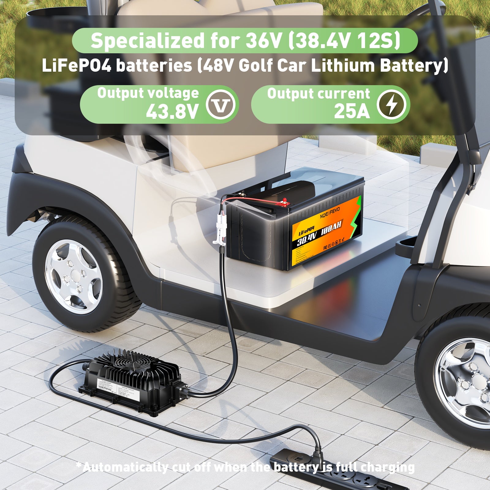 NOEIFEVO 43.8Volt 25AMP litium innebygd batterilader for 36Volt golfbiler, IP65 vanntett, automatisk avskjæring, 0V BMS Acitvate