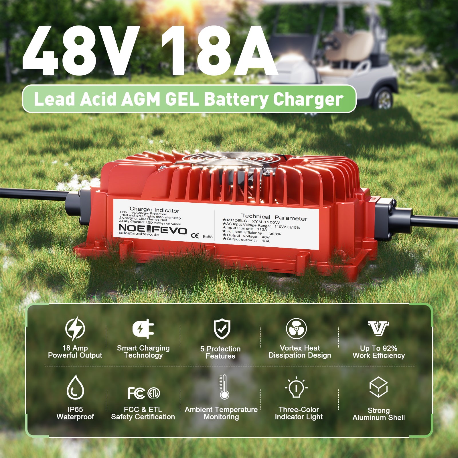 NOEIFEVO 48V 18A batterilader for blybatterier, AGM, gel, innebygd lader for golfvogn batteri