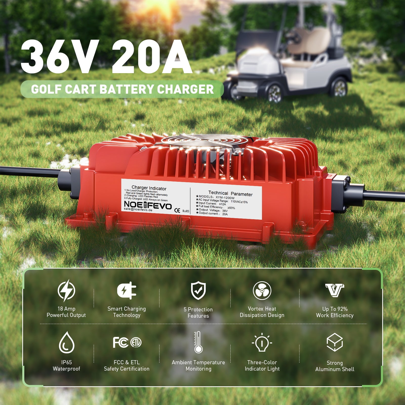 NOEIFEVO 20AMP ​​36 volt golfvogn batterilader med EZGO TXT D plugg for blybatterier, AGM, gel