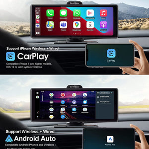 Portable Carplay Screen for Car, 10.26’’ Car Stereo Wireless Car Play & Android Auto Touch Screen, 4K Dash Cam, 1080P Backup Camera, Mirror Link/Voice Control/Music Play/GPS Navigation