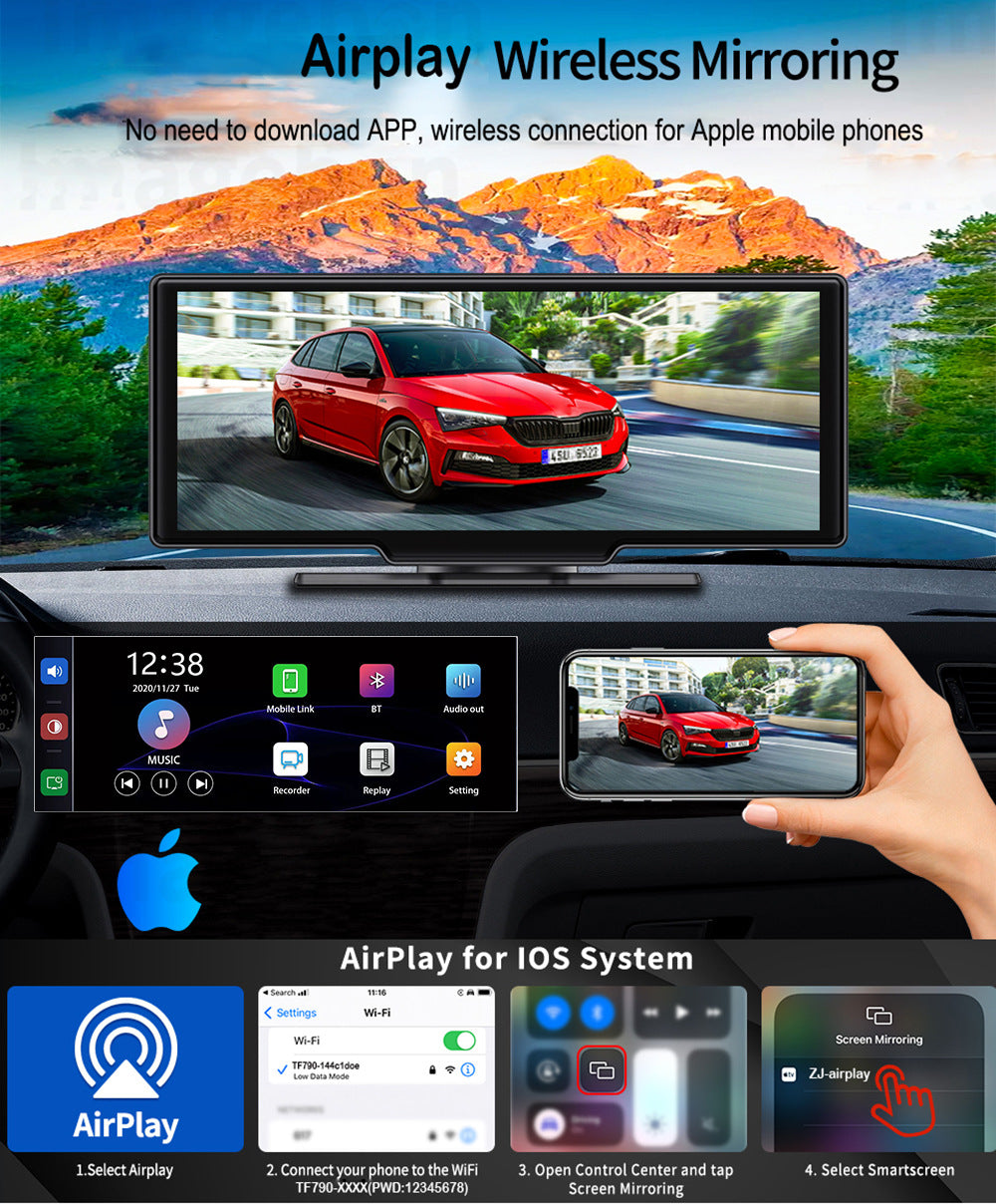 Wireless Carplay Screen for Car with 4K Dash Cam, 10.26" Portable Apple Carplay & Android Auto Car Stereo, with 1080p Backup Camera, GPS Navigation/Mirror Link/Voice Control/Bluetooth